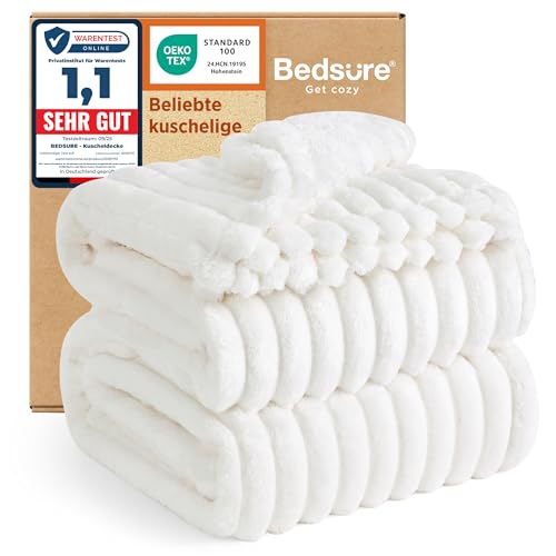 BEDSURE kuscheldecke 220x240 - Tagesdecke, Wolldecke & Fleecedecke, Sofadecke, Weiche Warme Grobe Korddecke für Zimmer Deko, Wohn- & Kuscheldecken, XXL Große Decke, Wollweiß, 220 x 240 cm