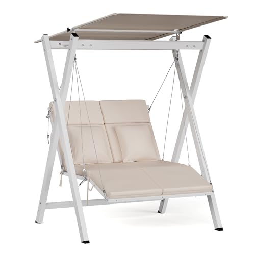 blumfeldt FlexiSwing Hollywoodschaukel 2-Sitzer – Verstellbare Rückenlehne & Sonnendach, 160 kg Belastung, Wetterfester Stahlrahmen, Dicke Kissen Für Komfort