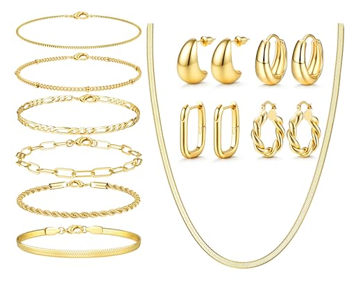 KALVICA 15 Stück Schmucksets für Damen Creolen Goldene Ohrringe Set Halskette Armbander Mehrpack Layering Ketten Set Wasserfest Goldschmuck Damen