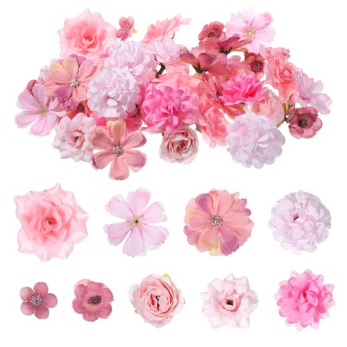 Hadnves 50 Stück Kunstblumen zum Basteln Künstliche Blumen Deko Rosa Künstlich Blütenköpfe Mini Seidenblumen Fake Blumendeko für DIY Basteln Hochzeit Tortendeko Handwerk Party Home