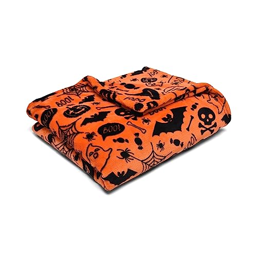 Bedlam - Halloween Fleecedecke (120 x 150cm) - Superweiche & kuschelige Decke in Orange - Gruselige Fledermäuse & Totenköpfe - Halloween Kuscheldecke für Sofa oder Bett - für Halloween Dekoration