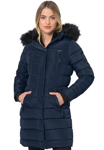 Navahoo Winterjacke Damen - Wasserabweisend, Warm, Kapuze, Winddicht - Wintermantel Lang, Mantel Frauen, Teddyfell gefüttert - Stehkragen, 7 Taschen, verlängerter Zipper - Navy XXL