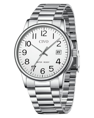 CIVO Uhren Herren Silber Armbanduhr: Wasserdicht Männer Uhr Weiß Ziffernblatt Klassisch - Edelstahl Herren Uhr Analog Quarz mit Datum