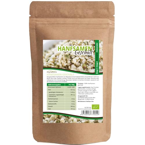 Mynatura Bio Hanfsamen Geschält 1000g Glutenfrei, Cholesterinfrei, Nährstoffreich Omega 3 + Omega 6 | Vegetarisch und Vegan | Bio-Qualität (DE-ÖKO-044) ((1x1000g))
