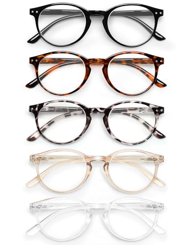 JOLISU 5er-Pack Lesebrillen für Damen/Herren – Blaulichtfilternde Computerbrille mit rundem Rahmen – Retro-Brille mit klaren Gläsern 2.0