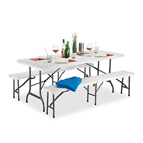 Relaxdays Bierzeltgarnitur klappba, 3er Gartenmöbel Set, uni, H x B x T: 74 x 180 x 74,5 cm, weiß