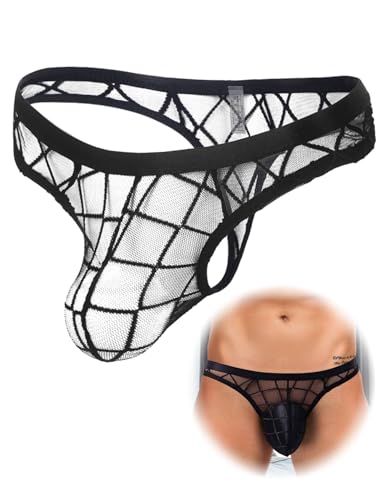 comeondear Herren String Tanga Transparent Mesh Unterhosn Mini Slips Große Größen Sexy Unterwäsche für Mann Sissy Höschen mit Pouch Dessous Reizwäsche Gay Mens Underwear Hipster Jockstrap Schwarz,XL