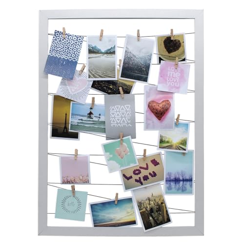 Spetebo Fotohalter 75x55 cm weiß - Leine mit 20 Holz Klammern - Fotorahmen Bilder Rahmen Galerie
