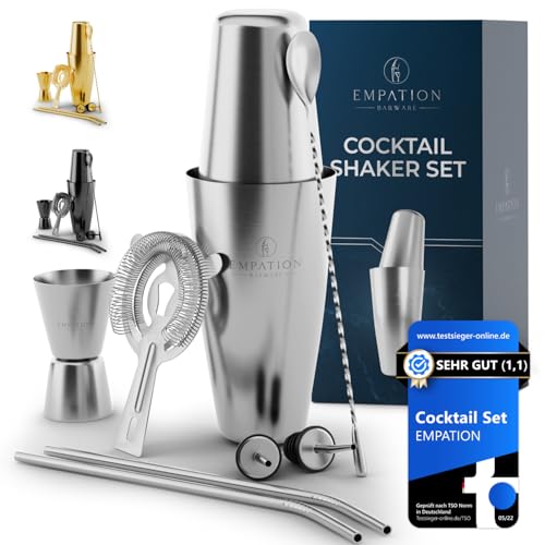 EMPATION Cocktail Shaker, 8-teiliges Cocktail Set - 825ml Boston Shaker aus Edelstahl, minimalistisches Cocktail Zubehör, Bar Set für Anfänger & Profis, Cocktailshaker Set perfekt als Präsent geeignet