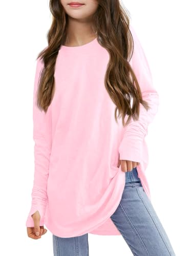 Haloumoning Mädchen Daumenlöcher Langarm T-Shirts Kinder Rundhalsausschnitt Saum Lose Tunika Tops Niedlich LangarmshirtRosa 150