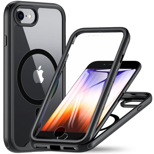 OWKEY Hülle für iPhone SE 2020/2022 (iPhone SE 2/3), iPhone 8/7 Magnetisch Schutzhülle für Mag-Safe mit Integriertem Displayschutz, 360 Grad Case Handyhülle für iPhone SE 2/3/ iPhone 8/7 (Schwarz)
