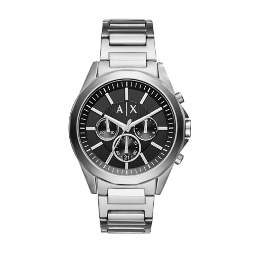 Armani Exchange Silver tone Watch For Men, Quarz-Chronographenwerk und 44mm Gehäusegröße mit Edelstahlarmband, Silberton und Dunkelgrau