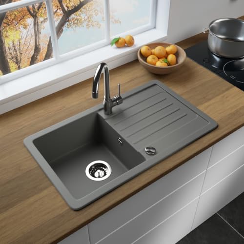 LINDBERGH® Granit Spüle + kompl. Siphon und Imprägnierung mit Abtropffläche, Einbauspüle Küchenspüle Spülbecken - Verbundstoffe MADE IN GERMANY (VEL33-760 x 440 mm (Grau))