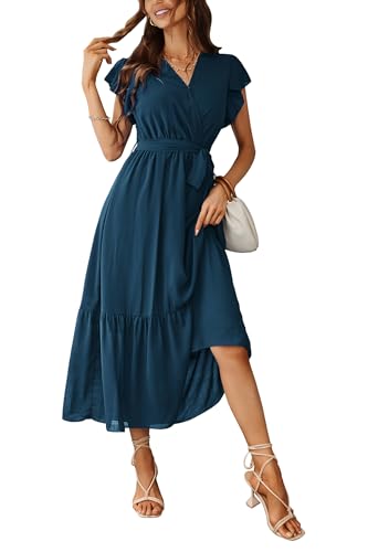 Awemeal Kleid Damen Sommer Elegant V-Ausschnitt Kurzarm Lang Sommerkleid Boho Blumenkleid mit Gürtel Rüschen Saum Wickelkleid Strandkleid A Linie Fließend Maxikleid （L, See Blau）