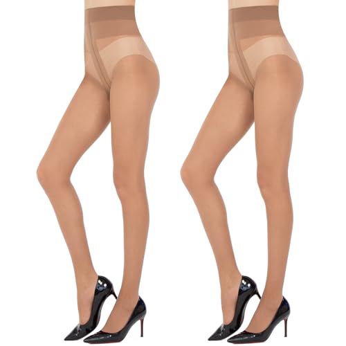 Aaronano 2 Paar Strumpfhosen für Damen 10 Denier Feinstrumpfhose Transparente Nylonstrumpfhose Braun S-M