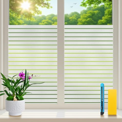 Zindoo Fensterfolie Streifen Sichtschutzfolie Blickdicht Statisch Haftend Ohne Klebstoff Milchglasfolie Anti-UV Geeignet für Büro, Wohnzimmer, Balkon 44.5 x 200 cm