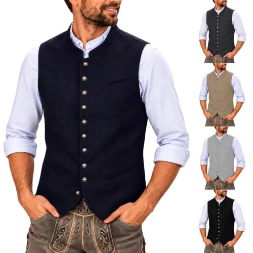 Generisch Trachtenweste Herren Stehkragen Trachtenwesten Elegant für Oktoberfest Trachtenanzug Druckknopf Slim Fit Ärmellose Anzugweste Trachten Weste Männer für Wiesn Volksfest Hochzeit