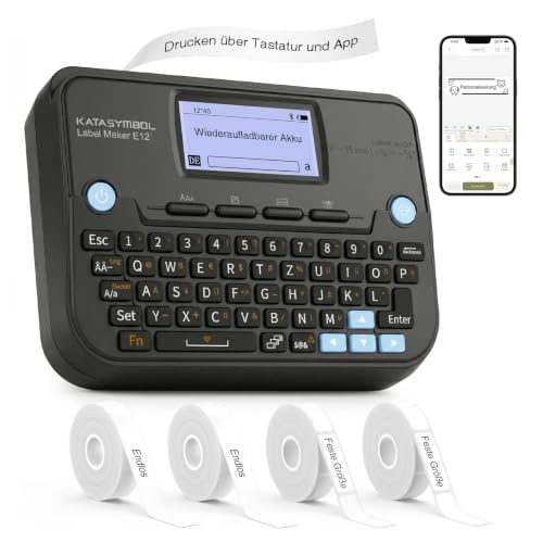 SUPVAN E12 Etikettendrucker, QWERTZ-Tastatur & Bluetooth, 4 Rolle, schwarz