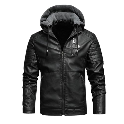 Generisch Motorradjacke Herren Leder Lederjacke mit Kapuze Winter Fleecejacke Gefüttert Sweatjacke Outdoor Jacke Warme Leder Jacken Regular Fit Klassische Einfarbig Freizeitjacke Schwarz L
