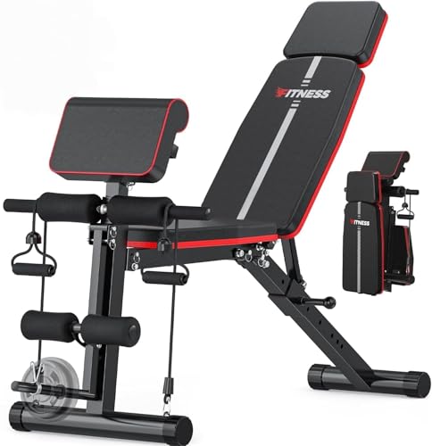 Verstellbare Hantelbank für Heimtrainingsstudio, 350kg Hantelbank Klappbar mit Beinverlängerung & Prediger-Curl-Pad, Neig- und Fallbank Trainingsbank für zuhause