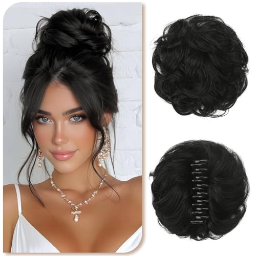 Sofeiyan Messy Bun Haarteil mit Klammer 100% Haarteile Echthaar Dutt Gewelltes Locken Clip in Claw Hair Scrunchies für Damen,Natürliches Schwarz Zerzauste Echtes Haar Chignon
