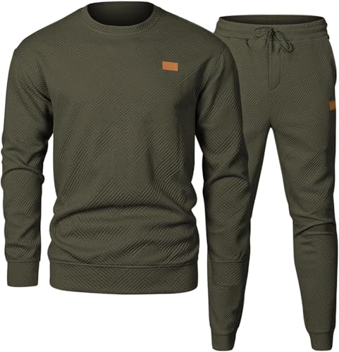 PADOLA Jogginganzug Herren 2 Teiliger Trainingsanzug Herbst Sportanzug Jacquard Pullover Rundhals Sweatshirt mit Jogginghose Winter Tracksuit Freizeitanzug Casual Set Streetwear (1 Armeegrün, L)