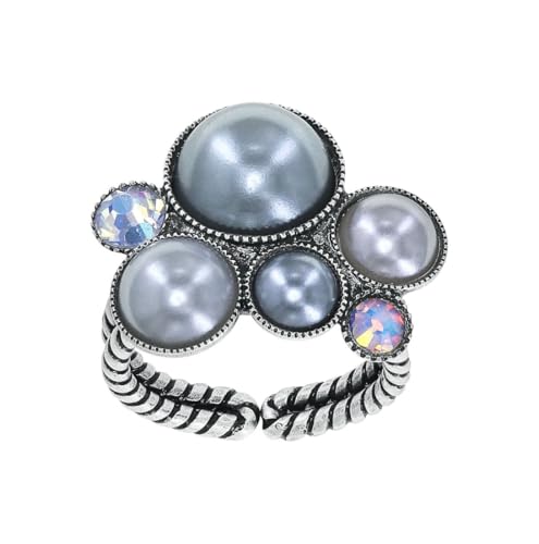 Konplott: Ring Bubble Cascade, moderne und modischer Ring mit Halbperlen und Kristallsteinen, für Damen/Frauen (weiß)