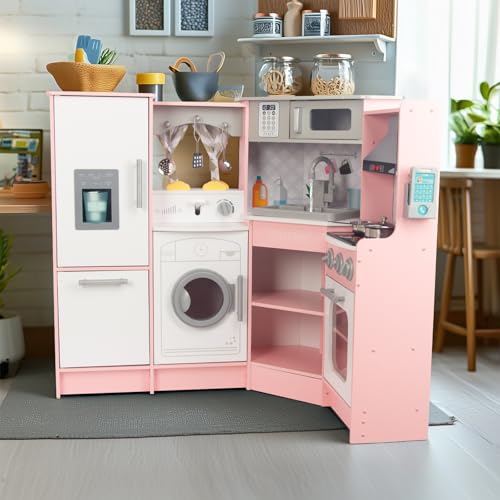 Rosa Hölzerne Kinderküche, Kinderspielküche mit Spüle Herd Backofen, Holzküche Spielzeugküche, Spielküche aus Holz mit Zubehör für Kinder ab 3 Jahren (Rosa 2)
