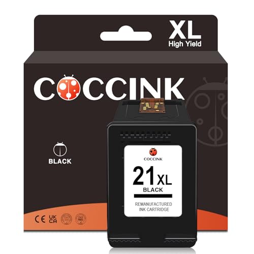 COCCINK 21XL (1 Schwarz) Wiederaufbereitete Druckerpatronen Ersatz für HP 21 XL für Deskjet F2120 F2180 F2280 F380 F390 F335 F4180 F4190 D2360 D1460 D1530 D2460 OfficeJet 4315 J3608 PSC 1410 Drucker