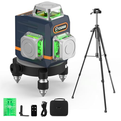 Kreuzlinienlaser mit Stativ, CIGMAN 3x360 Grad Grün Selbstnivellierend Laser Wasserwaage mit 1,2m -Aluminium-Baustativ, Baulaser Kreuzlaser Linienlaser bis zu 30 Stunden mit Lithium-Batterie,CM701T