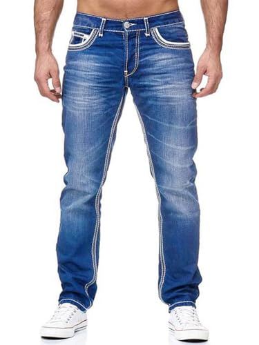 seiveini Herren Jeans Regular Straight Fit Denim Hose Destroyed Jeanshosen Stretch Jean Hosen Baggy Streetwear A Hellblau XL