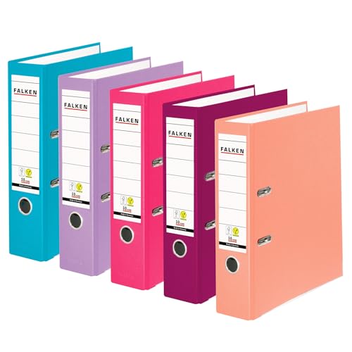 Falken 5er Pack PP-Color Ordner, Made in Germany, 8 cm breit DIN A4 farbig sortiert Pastell Vegan Kunststoffbezug außen, Papierbezug innen, mit austauschbarem Rückenschild