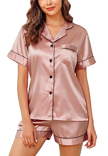 Vlazom Damen Satin Schlafanzug Kurzarm Satin Pyjama Set mit Knopfleiste Zweiteiliger Hausanzug（S,Erröten Rosa）