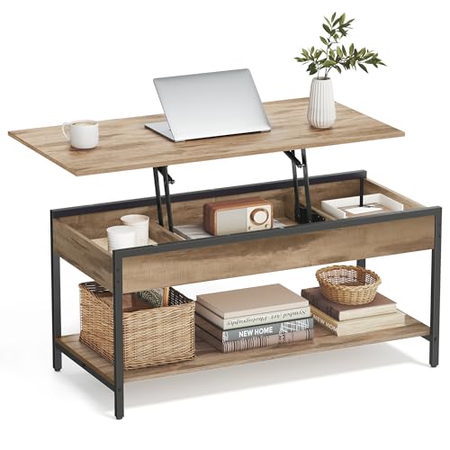 VASAGLE Couchtisch, höhenverstellbarer Wohnzimmertisch, Kaffeetisch, mit offenem Fach und versteckten Fächern, 50 x 100 cm, Kamelbraun-tintenschwarz LCT261LB02