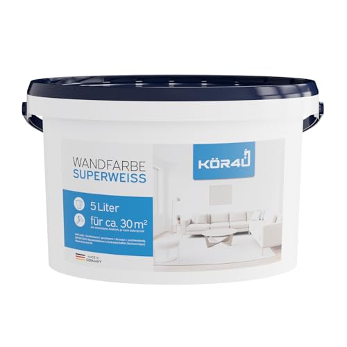 kör4u Wandfarbe superweiss 5 Liter – Innenfarbe matt, weiß, hohe Deckkraft, lösemittelfrei, TÜV-geprüft, spritzarm, für Wände & Decken