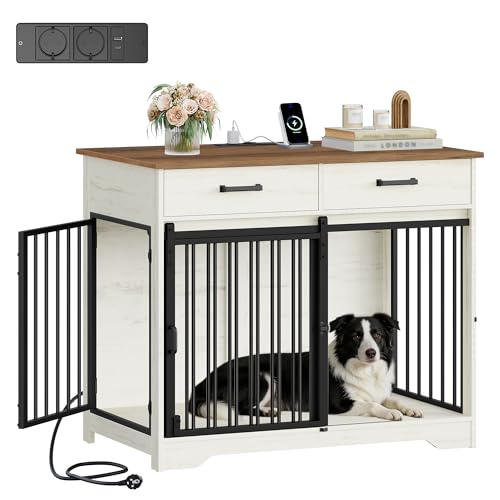 Hzuaneri Hundekäfig Möbel mit Steckdose, Hundebox für Zuhause mit Schiebetür im Scheunentür-Stil & 2 Schubladen, 3-Türen Sideboard für Mittel/Große Hunde, 97 x 56 x 81 cm, Weiß Braun DFC90314BEU