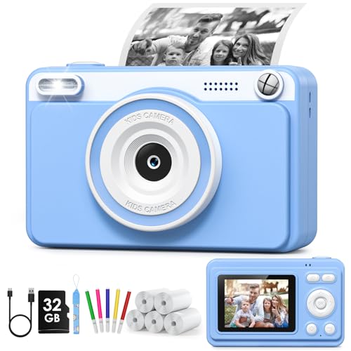 GREENKINDER Sofortbildkamera Kinder, 2.4 Zoll Bildschirm Kinderkamera Sofortbildkamera mit 32GB Karte & 5 Rollen Druckpapier,1080P Kamera Kinder Sofortdruck, Geschenk für 3-12 Jungen und Mädchen(Blau)
