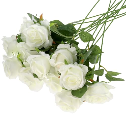 QWORK® 12 Stück Künstliche Rosen, Weiß Rosen, Kunstrosen Blumen mit Langen Plastikstielen für Tischdekorationen bei Hochzeiten