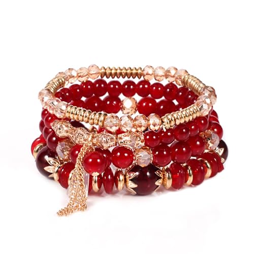 APMGONT Boho Kristall Perlen Armband, 4 Stück Boho Quaste Armbänder für Damen, Natürliches Kristall Heilsteine Armband, Statement Armreifen für Weihnachten, Valentinstag, Geburtstag (Rot)