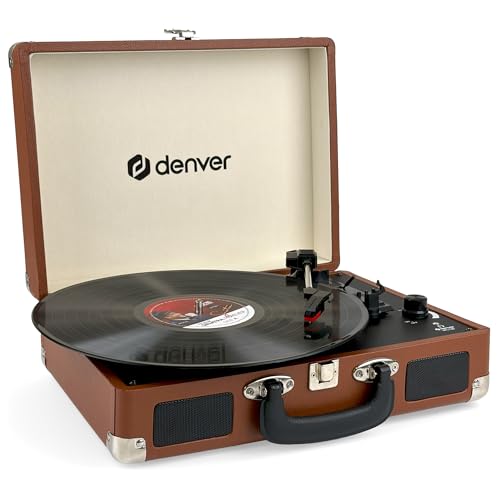Denver VPL‑120 Kofferplattenspieler Braun – Retro Plattenspieler mit Lautsprecher, USB Vinyl Player zum Digitalisieren, Auto‑Stopp, Schallplattenspieler Vintage mit RCA‑Ausgang