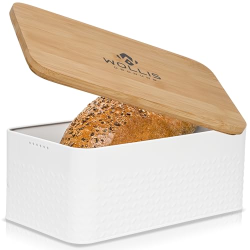 Generisch WOLLIS ORDNUNG Brotkasten I Brotbox aus Metall mit Leinenbeutel I hochwertiger stabiler Bambusdeckel verwendbar als Schneidebrett I 33x19x13cm (Weiss)