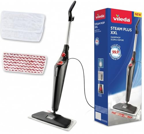 Vileda Steam Plus XXL Dampfreiniger | Hygienischer Bodenreiniger mit PowerPad und 2 Mikrofaserbezügen - Für große Flächen, Fliesen, Laminat & Parkett | Aufheizzeit: 15 Sekunden | Comfort-Pack