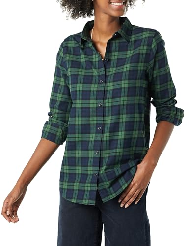 Amazon Essentials Damen Regular-Fit Leichtes Kariertes Langarm-Flanellhemd, Dunkelgrün Marineblau Mittlere Karo, XL