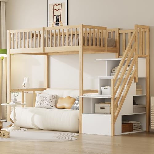 WIZBED Hochbett 90x200 mit Lattenrost, Treppe und Rausfallschutz, Kinderbett mit Stauraumleiter, Bettgestell aus Kiefernholz, Funktionsbett stockbett jugendbett, Ohne Matratze