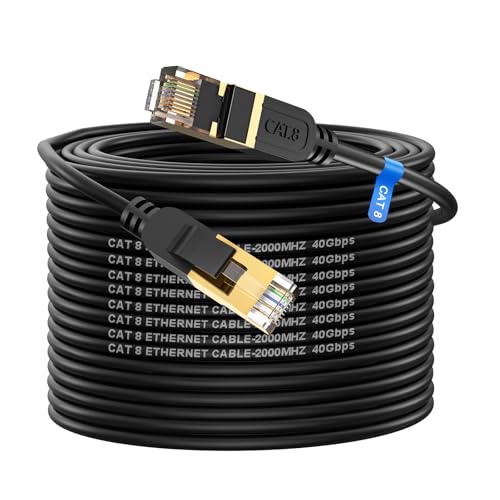 Cat 8 Netzwerkkabel 50M, 40-Gbits LAN Kabel, 2000MHz Gigabit Hochgeschwindigkeits Internetkabel, Vergoldetes RJ45-Stecker Patchkabel Doppelt Geschirmt, Geeignet für PS5/PS4, Router usw