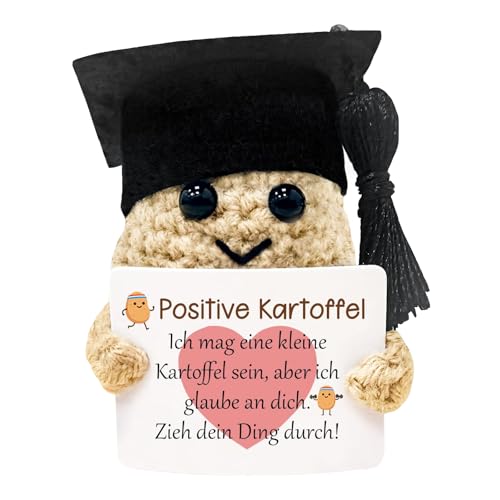 LIURFLNC Glücksbringer, Glücksbringer Prüfung, Bachelor Geschenk, Schultüte Erwachsene Kreative Strickwolle Kartoffel Puppe Einschulung GeschenkPositiver mit Energiekarte