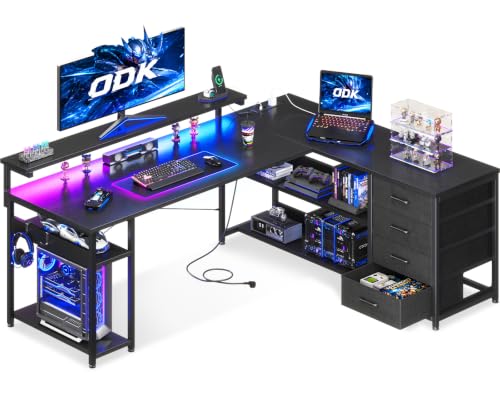 ODK Eckschreibtisch mit 4 Stoff Schubladen & LED, 155×110 cm, Schwarz