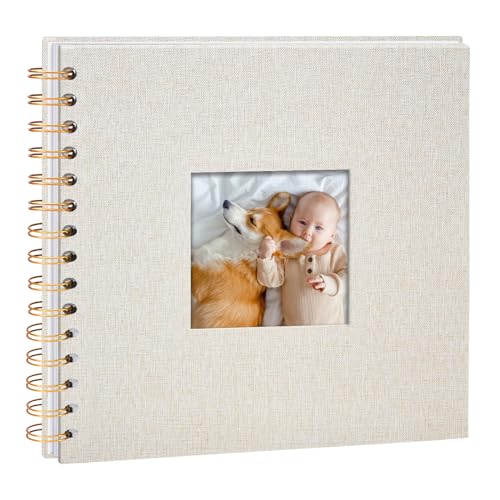 Vienrose Fotoalbum zum Selbstgestalten 20,5x20,5 cm, DIY Scrapbook Spiralalbum mit 20 Blätter 40 Weißen säurefreie Seiten, Leinen zum Einkleben für Hochzeit Baby Familien Jahrestag Geburtstag, Beige