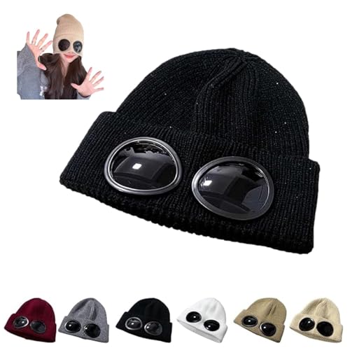 BQWXIEC Unisex Beanie-Mütze in Volltonfarbe mit Schutzbrillen-Design, Beanie-Wintermütze mit Schutzbrille, Schutzbrillenmütze, Herren-Wintermütze aus Wolle (Black,one Size)