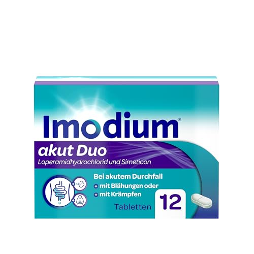 Imodium® akut Duo – Unser bestes Imodium bei akutem Durchfall – Lindert zusätzlich begleitende Blähungen oder Krämpfe - 12 Tabletten